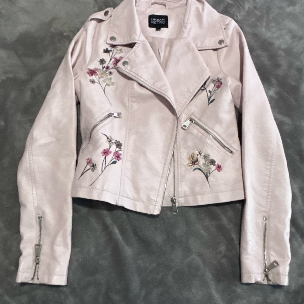 Bernardo Blush Leather Jacket with Floral Embroidery